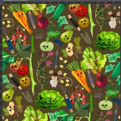 Jersey-Stoff Digitaldruck mit Gemüse auf braunem Hintergrund  