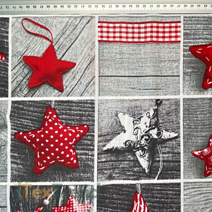 Baumwolle 100% Weihnachtsmuster Patchwork rote Sterne auf grauem Holz  
