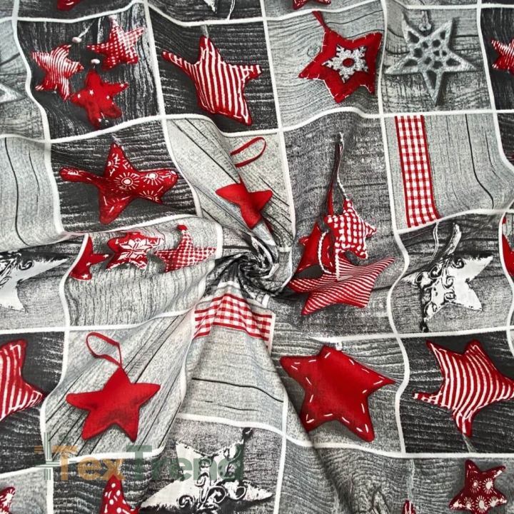 Baumwolle 100% Weihnachtsmuster Patchwork rote Sterne auf grauem Holz  