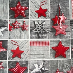 Baumwolle 100% Weihnachtsmuster Patchwork rote Sterne auf grauem Holz  