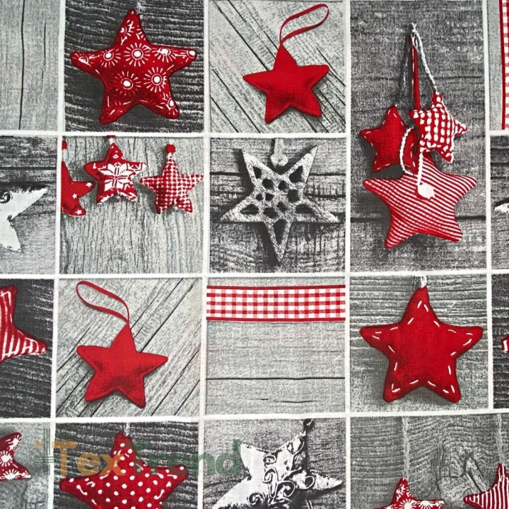 Baumwolle 100% Weihnachtsmuster Patchwork rote Sterne auf grauem Holz  