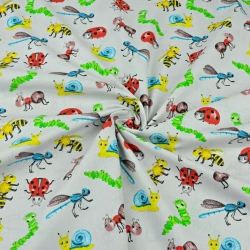 Baumwolle 100% Bunte Insekten und Schnecken auf grauem Hintergrund