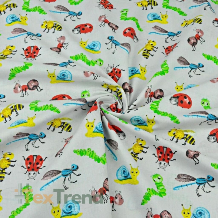 Baumwolle 100% Bunte Insekten und Schnecken auf grauem Hintergrund