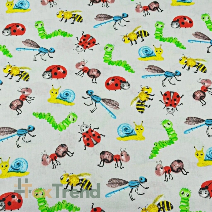 Baumwolle 100% Bunte Insekten und Schnecken auf grauem Hintergrund