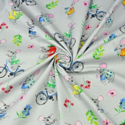 Baumwolle 100% bunte Mäuse auf grauem Hintergrund  