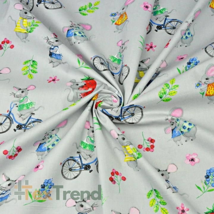 Baumwolle 100% bunte Mäuse auf grauem Hintergrund  