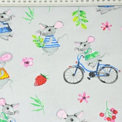 Baumwolle 100% bunte Mäuse auf grauem Hintergrund  