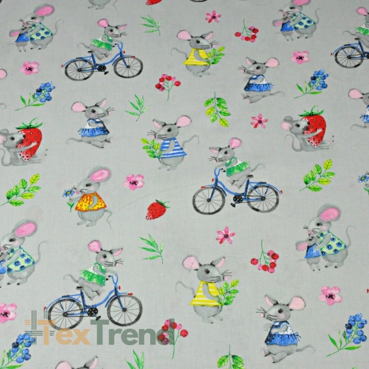 Baumwolle 100% bunte Mäuse auf grauem Hintergrund  