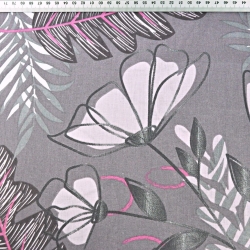 Baumwolle 100% Farnblätter mit Blumen auf grau-lila Hintergrund  