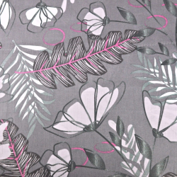 Baumwolle 100% Farnblätter mit Blumen auf grau-lila Hintergrund  