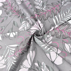 Baumwolle 100% Farnblätter mit Blumen auf grau-lila Hintergrund  