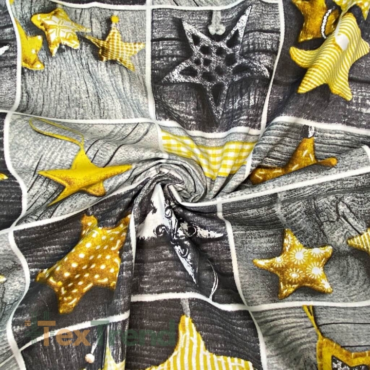 Baumwolle 100% Weihnachtsmuster Patchwork gelbe Sterne auf grauem Holz  