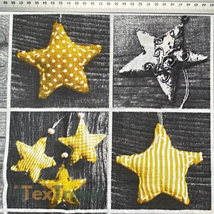 Baumwolle 100% Weihnachtsmuster Patchwork gelbe Sterne auf grauem Holz  