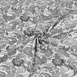 Baumwolle 100% türkische Blumen grau auf weißem Hintergrund  