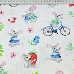 Baumwolle 100% bunte Mäuse auf weißem Hintergrund  
