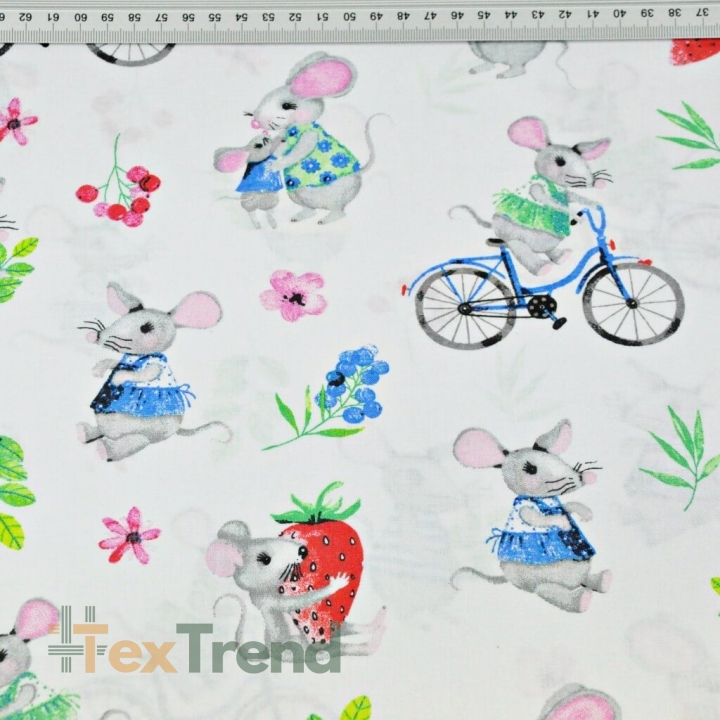 Baumwolle 100% bunte Mäuse auf weißem Hintergrund  