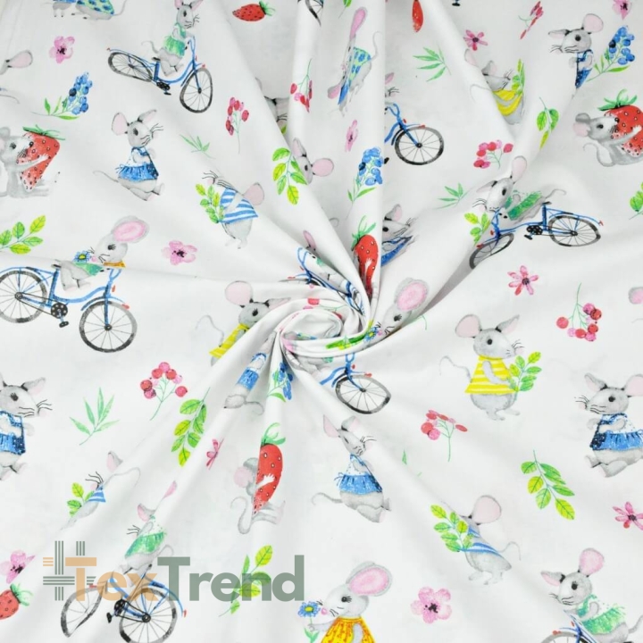 Baumwolle 100% bunte Mäuse auf weißem Hintergrund  