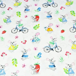 Baumwolle 100% bunte Mäuse auf weißem Hintergrund  