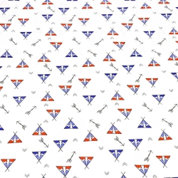Baumwolle 100% indianische MINI Pfeile und Tipis rot-blau auf weißem Hintergrund  
