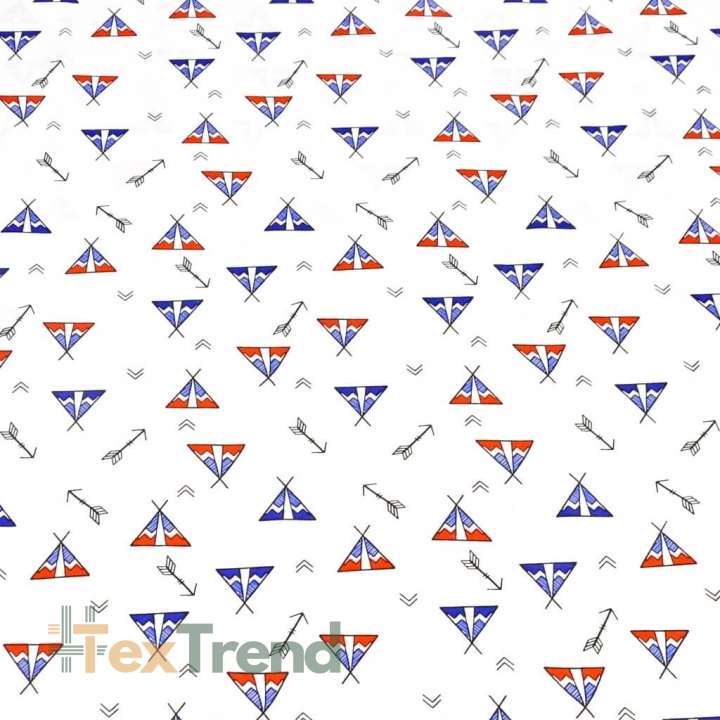 Baumwolle 100% indianische MINI Pfeile und Tipis rot-blau auf weißem Hintergrund  