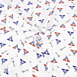 Baumwolle 100% indianische MINI Pfeile und Tipis rot-blau auf weißem Hintergrund  