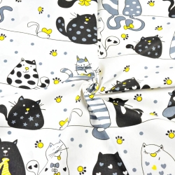 Baumwolle 100% verrückte Katzen in Streifen mit gelb auf weißem Hintergrund  