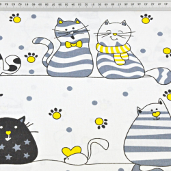 Baumwolle 100% verrückte Katzen in Streifen mit gelb auf weißem Hintergrund  
