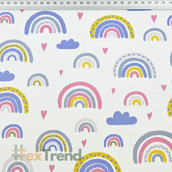 Baumwolle 100% Regenbogen blau-rosa auf weißem Hintergrund  