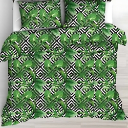 Baumwolle 100% grüne Palmenblätter auf schwarzen Rauten auf weißem Hintergrund - 220cm  