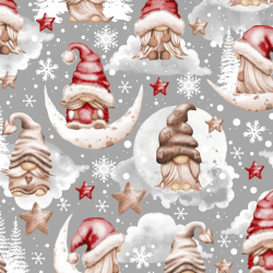 Baumwolle 100% Weihnachtsmuster mit Wichteln und Sternen in beige-rot auf grauem Hintergrund  