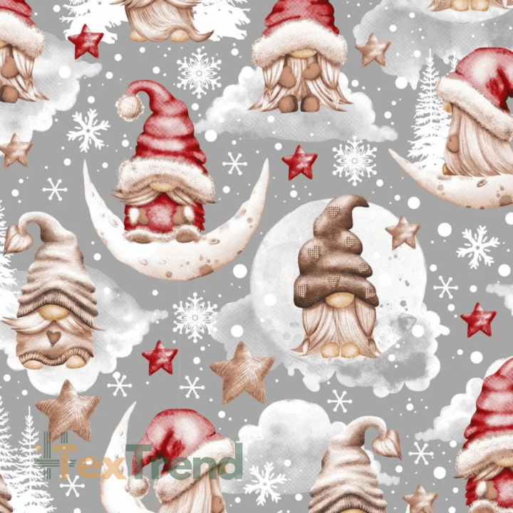 Baumwolle 100% Weihnachtsmuster mit Wichteln und Sternen in beige-rot auf grauem Hintergrund  