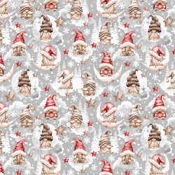 Baumwolle 100% Weihnachtsmuster mit Wichteln und Sternen in beige-rot auf grauem Hintergrund  