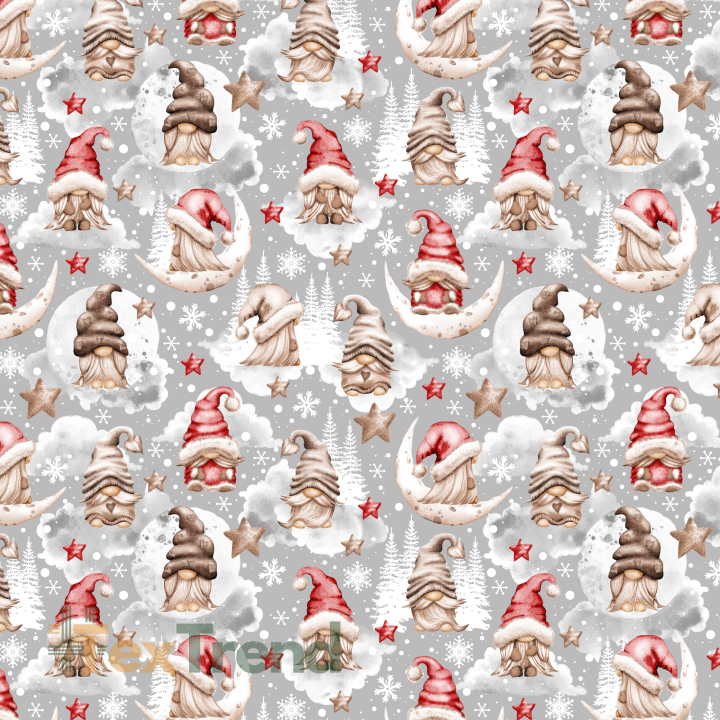 Baumwolle 100% Weihnachtsmuster mit Wichteln und Sternen in beige-rot auf grauem Hintergrund  