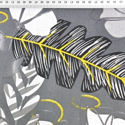 Baumwolle 100% Farnblätter mit Blumen auf grauem Hintergrund  