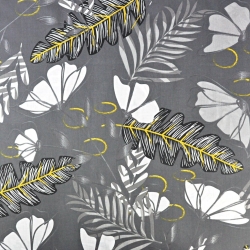 Baumwolle 100% Farnblätter mit Blumen auf grauem Hintergrund  