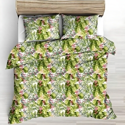 Baumwolle 100% grüne Palmenblätter mit rosa Orchidee auf weißem Hintergrund  