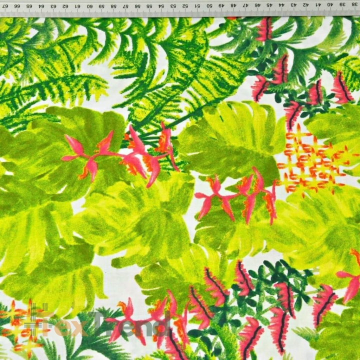 Baumwolle 100% grüne Palmenblätter mit rosa Orchidee auf weißem Hintergrund  