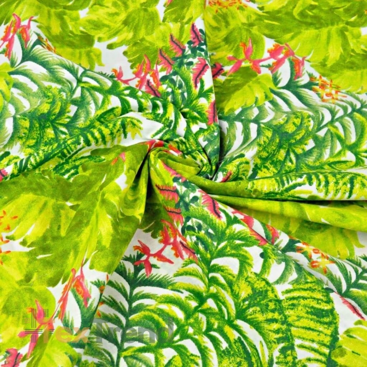 Baumwolle 100% grüne Palmenblätter mit rosa Orchidee auf weißem Hintergrund  