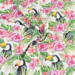 Baumwolle 100% Tukane mit rosa Blumen auf weißem Hintergrund  