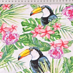 Baumwolle 100% Tukane mit rosa Blumen auf weißem Hintergrund  