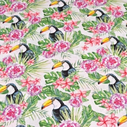 Baumwolle 100% Tukane mit rosa Blumen auf weißem Hintergrund  