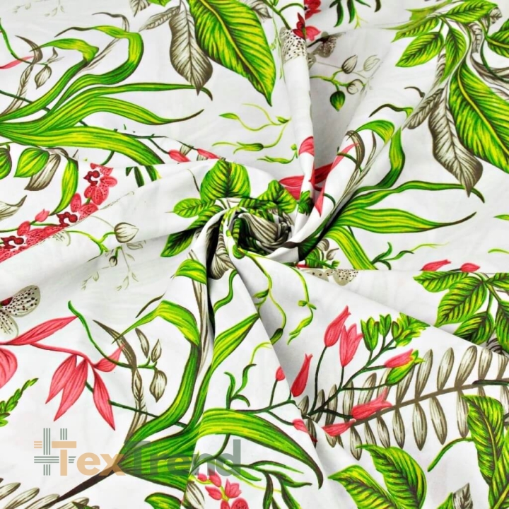 Baumwolle 100% Orchideenblüten mit grünen Blättern auf weißem Hintergrund  