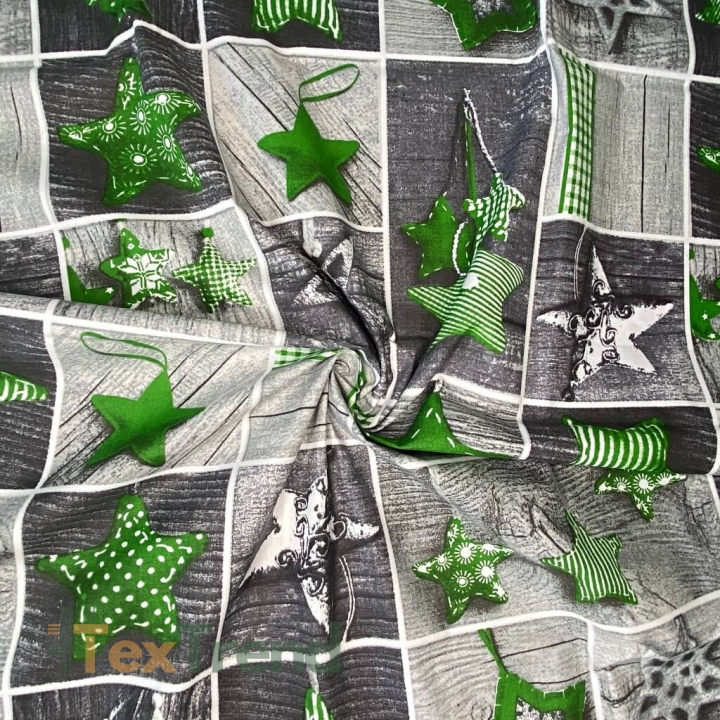 Baumwolle 100% Weihnachtsmuster Patchwork grüne Sterne auf grauem Holz  