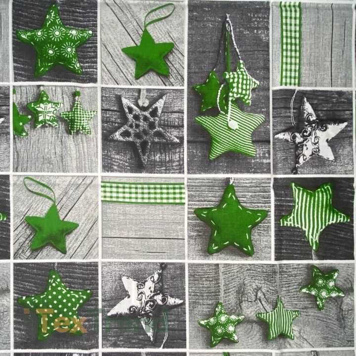 Baumwolle 100% Weihnachtsmuster Patchwork grüne Sterne auf grauem Holz  
