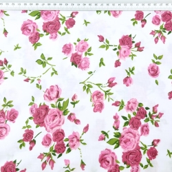 Baumwolle 100% Blumen Zweige rosa Rosen auf weißem Hintergrund  