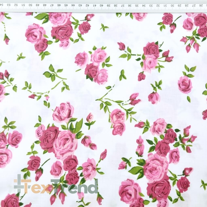 Baumwolle 100% Blumen Zweige rosa Rosen auf weißem Hintergrund  
