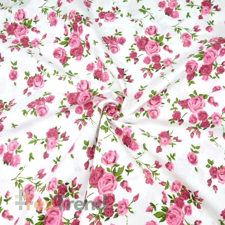 Baumwolle 100% Blumen Zweige rosa Rosen auf weißem Hintergrund  