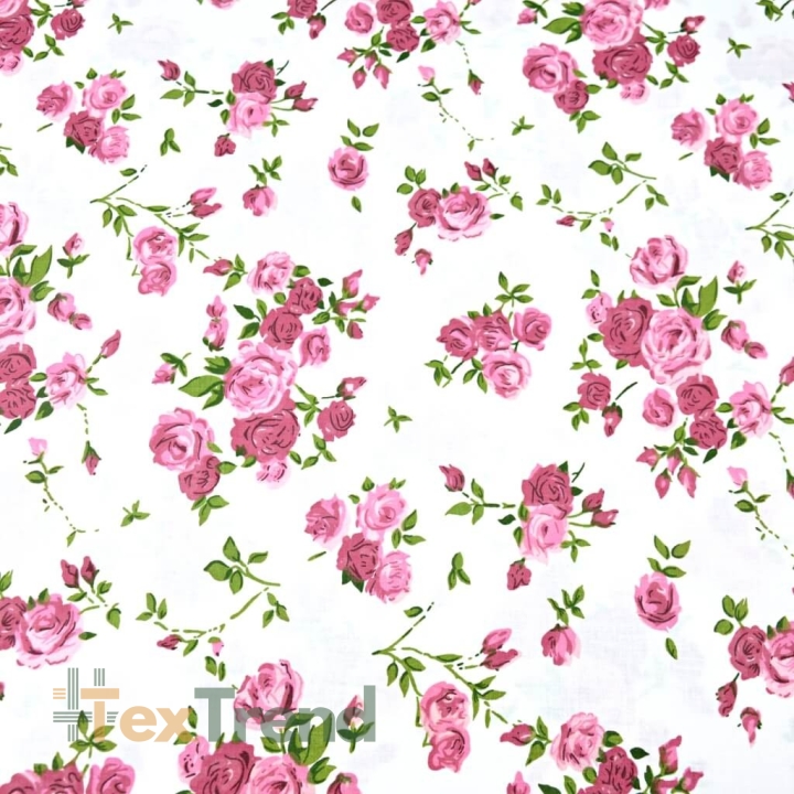 Baumwolle 100% Blumen Zweige rosa Rosen auf weißem Hintergrund  
