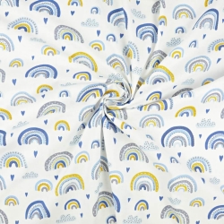 Baumwolle 100% Regenbogen blau-gelb auf weißem Hintergrund  