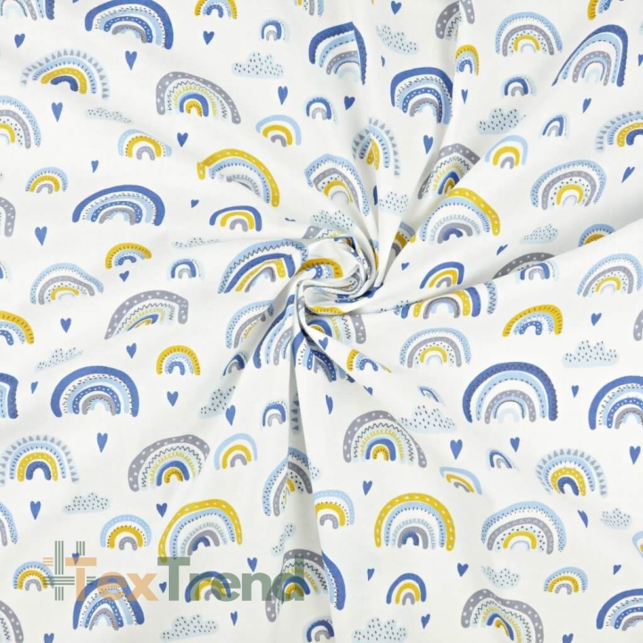 Baumwolle 100% Regenbogen blau-gelb auf weißem Hintergrund  